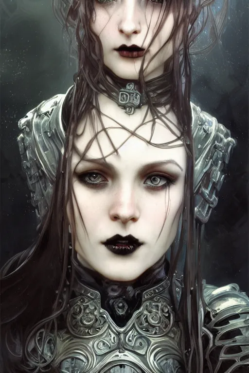 Image similar to beautiful and gothic and evil and luxury and dieselpunk young medieval female knight portrait +smoky eyes+front face with light flowing hair, ultradetail face, art and illustration by tian zi and craig mullins and WLOP and alphonse mucha, fantasy, intricate complexity, human structure, human anatomy, fantasy character concept, watermark, blurry, hyperrealism 8k