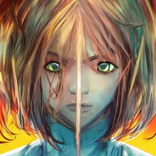 Image similar to full face shot of rimuru tempest, sky blue straight hair, long bangs, with amber eyes, wearing a black jacket, high collar, ultra detailed, concept art, award winning photography, digital painting, cinematic, wlop artstation, closeup, pixiv, evil, yoshitaka amano, andy warhol, ilya kuvshinov,