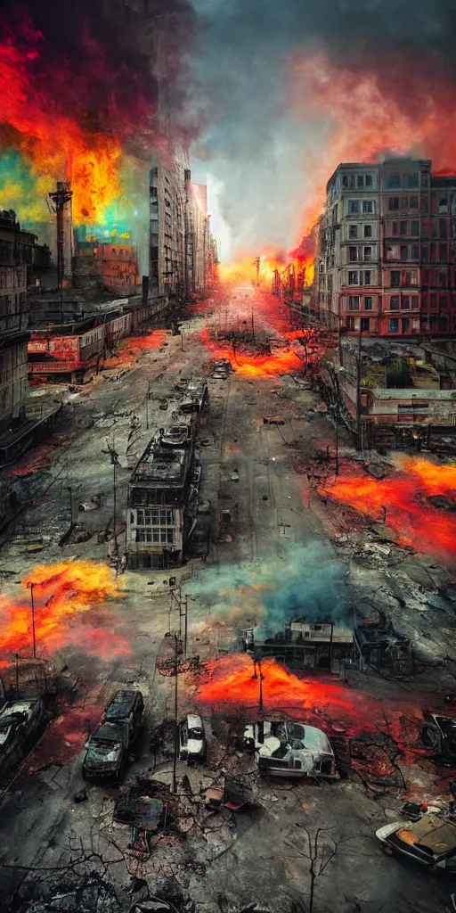 Image similar to post - apocalyptic kreuzberg streets covered in colorful smoke, burned cars, explosions, hyperrealistic, gritty, damaged, dark, urban photography, photorealistic, high details