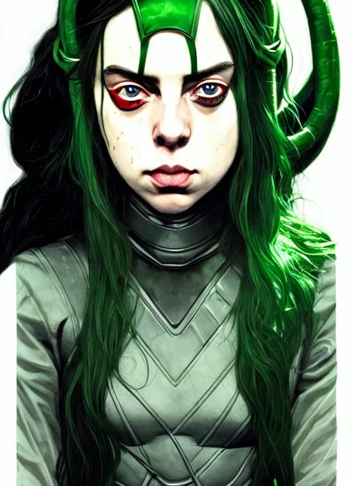 Image similar to Billie Eilish as Female Loki, very detailed, digital art, trending on artstation, fan art, concept art, smooth, illustration, art by Katsuhiro Otomo and Geof Darrow and Phil hale and Ashley wood