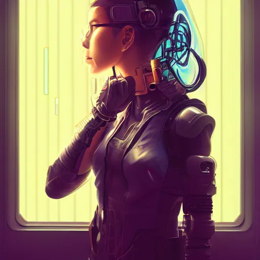 Image similar to art by rossdraws, portrait of cyberpunk woman looking out of a window, cyberpunk setting, futuristic, highly detailed, intricate lighting, digital painting, sharp focus, illustration, trending on artstation.