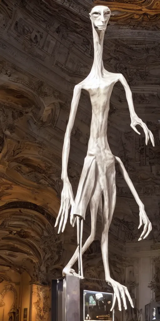 Image similar to A Really tall fancy alien Statue on a museum