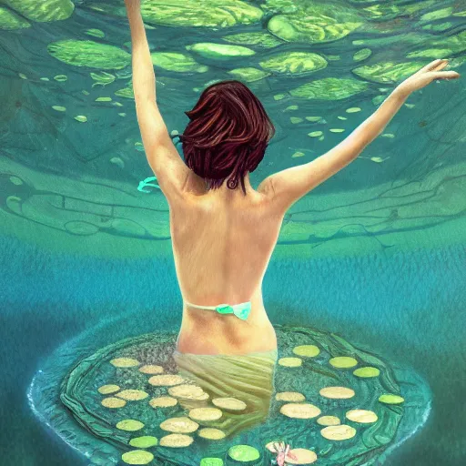 Prompt: A woman submerged underwater, you can see her face from an aerial view with lily pads surrounding her, artistic digital art, very opaque, gloomy style, oil paints and pastel highlights, trending on artstation, artstationHD, artstationHQ, 4k, 8k