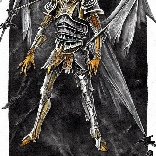 Image similar to A humanoid mosquito wolf, reminiscent of a winged medieval knight armor. Castlevania style.