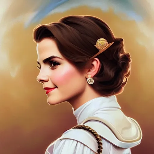 Image similar to A combination of Victoria Justice's and Grace Kelly's and Emma Watson's appearances as an astronaut, full body portrait, western, D&D, fantasy, intricate, elegant, highly detailed, digital painting, artstation, concept art, matte, sharp focus, illustration, art by Artgerm and Greg Rutkowski and Alphonse Mucha