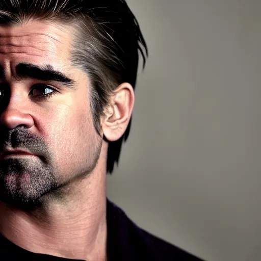 Image similar to Colin Farrell looking sad and melancholy dramatic lighting