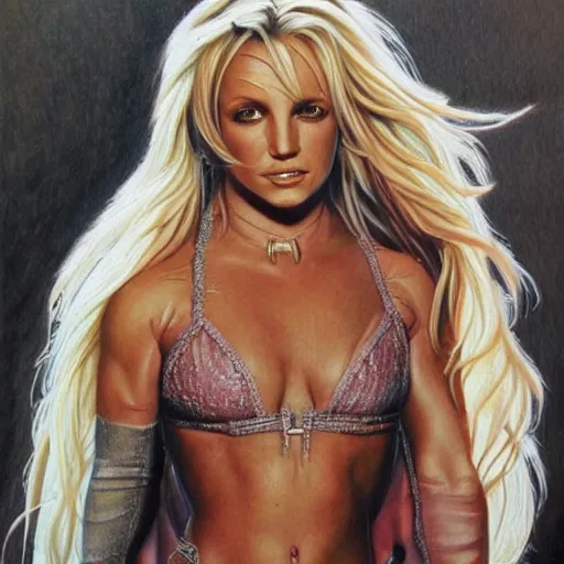 Image similar to detailed portrait of britney spears pencil art, intricate, hyper detailed, realistic, oil painting, by julie bell, frank frazetta, cinematic lighting