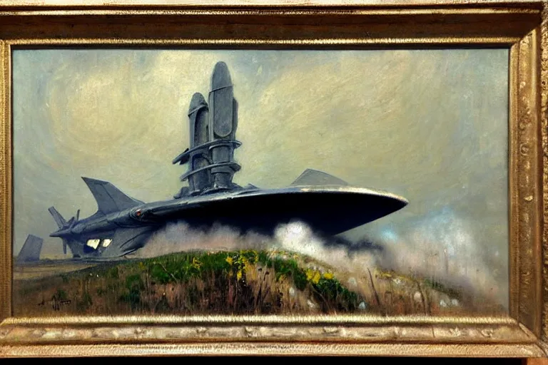 Image similar to impressionist brushstrokes!!!! hr giger and richard schmid and jeremy lipking victorian loose genre loose painting of a giant spaceship