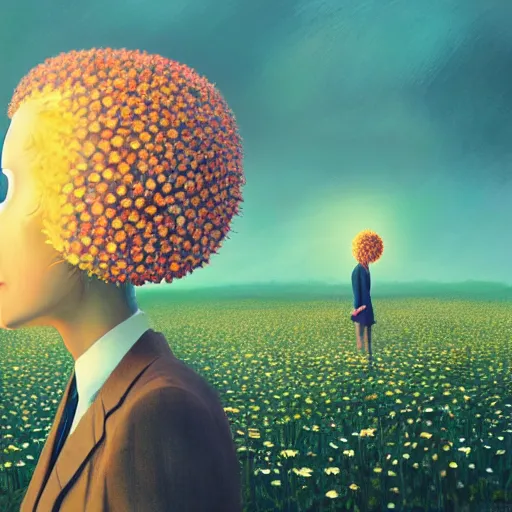 Image similar to giant daisy flower head, frontal, woman in a suit, surreal photography, sunrise, dramatic light, impressionist painting, digital painting, artstation, simon stalenhag