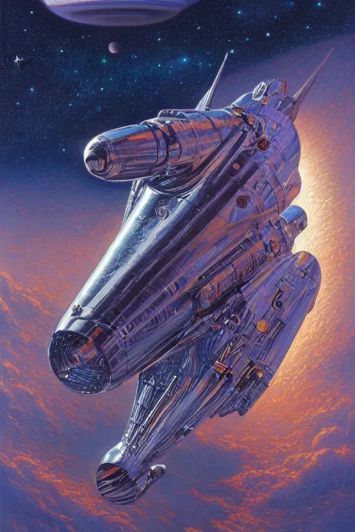 Prompt: shiny aluminum rocket ship in cosmic space by tim hildebrandt, wayne barlowe, bruce pennington, donato giancola, larry elmore, b - 2, world war 2, masterpiece, trending on artstation, cinematic composition, beautiful lighting, sharp, details, hd, 8 k