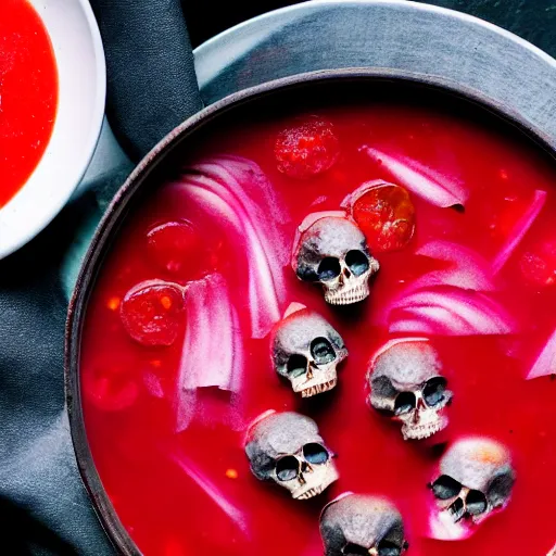 Prompt: borscht served with small skulls, award winning food photo, 4 k, high quality