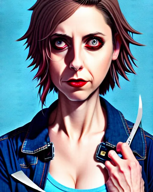 Prompt: loish, artgerm, Joshua Middleton art, Rafeal Albuquerque, pretty Alison Brie serial killer holding bloody knife in right hand realistic hand, blood on clothes and face, sarcastic smile, symmetrical eyes, symmetrical face, jean jacket, jeans, short blonde hair, middle shot, night time, deep blacks