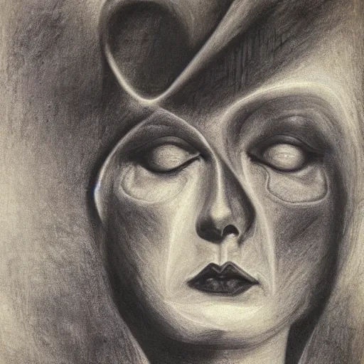 Image similar to Close-up of Norma Desmond, pencil drawing. El Greco, Remedios Varo, Salvador Dali, Carl Gustav Carus, John Atkinson Grimshaw. Blue tint. Symetrical, logo, geometric shapes.