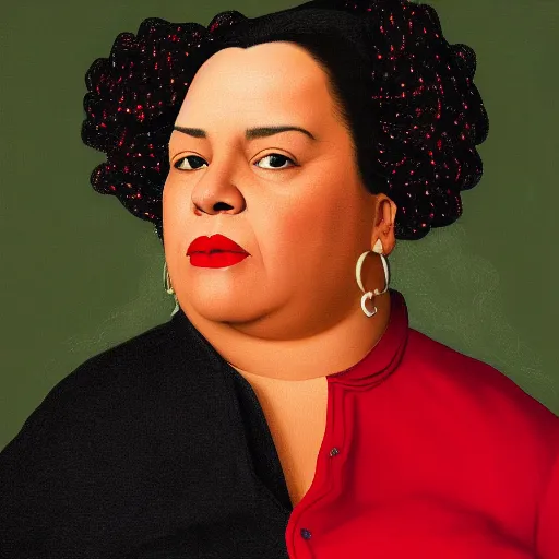 Prompt: close up portrait of a middle - aged, chubby mexican woman, red lips, white background, rembrandt lighting, detailed, 4 k, illustration, by kehinde wiley, kadir nelson