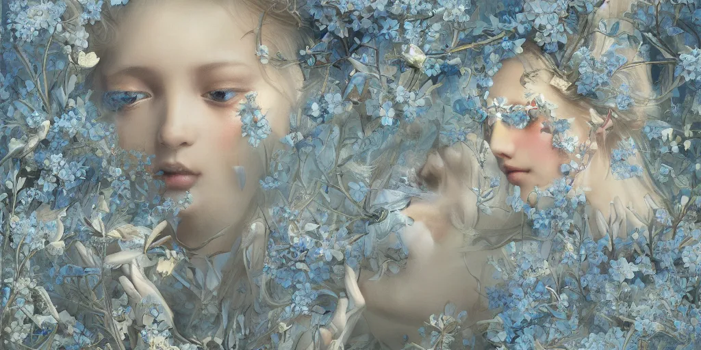 Image similar to breathtaking detailed concept art painting art deco pattern of blonde faces goddesses amalmation light - blue flowers with anxious piercing eyes and blend of flowers and birds, by hsiao - ron cheng and john james audubon, bizarre compositions, exquisite detail, extremely moody lighting, 8 k