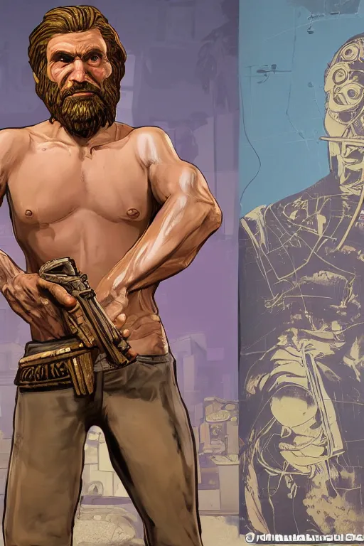 Image similar to saint homo neanderthalis, with book of science, on his right hand, and riffle, on his left hand, violet polsangi pop art, gta chinatown wars art style, bioshock infinite art style, incrinate, realistic anatomy, paper frame, hyperrealistic, two colors, white frame, 4 k, uhd, remove duplicate content