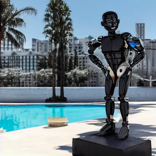 Image similar to a realistic detailed photo of a guy who is an attractive humanoid who is half robot and half humanoid, who is a male android, wrestler finn balor, shiny skin, posing like a statue, blank stare, by the pool, on display, showing off his muscles, humanoid robot, frozen ice statue