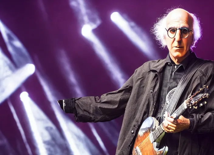 Prompt: publicity photo still of larry david touring with slipknot live on stage, 8 k, live concert lighting, mid shot