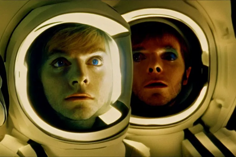 Prompt: scene from Stanley Kubrick\'s 2001: A Space Odyssey, ziggy stardust sees stars in his eyes, amazing cinematography