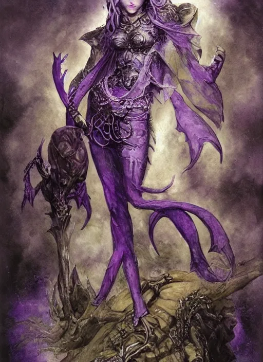 Prompt: portrait of young female sorceress of the endtimes, transluscent skin, silver filigreed armor, lavender hair, beautiful! coherent! dungeons and dragons character, by brian froud, strong line, cool night color, high contrast