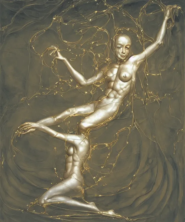 Prompt: Beautiful full-body wax sculpture of a glowing transparent insect with a woman face with visible gold bones covered with melted white wax inside the singularity where stars becoming baroque folds of dark matter of Samsara by Michelangelo da Caravaggio, Nicola Samori, William Blake, Alex Grey and Beksinski, dramatic volumetric lighting, highly detailed oil painting, the golden ratio intial composition, 8k, masterpiece