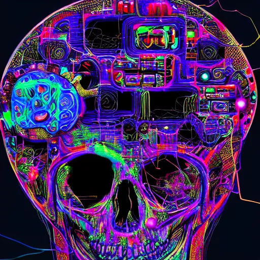 Image similar to neuronal skull, psychedelic cyberpunk style, colourful, highly detailed, 8k, trending on artstation
