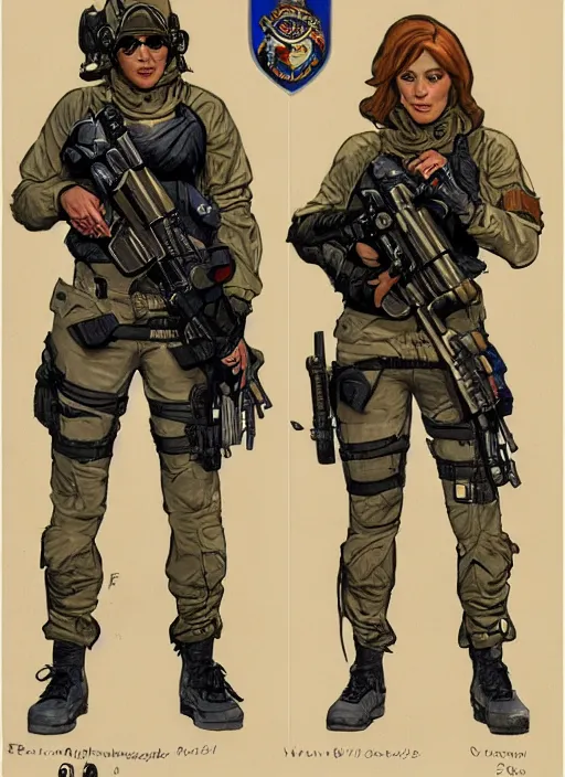 Image similar to Dinah. USN special forces operator. rb6s Concept art by James Gurney and Alphonso Mucha.