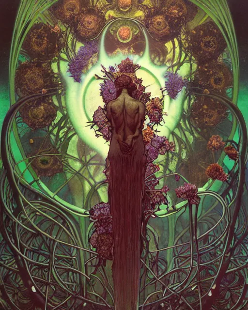 Image similar to the platonic ideal of flowers, rotting, insects and praying of cletus kasady carnage thanos davinci dementor wild hunt chtulu mandelbulb spirited away doctor manhattan bioshock, caustic, ego death, decay, dmt, psilocybin, concept art by alphonse mucha and greg rutkowski and zdzisław beksinski