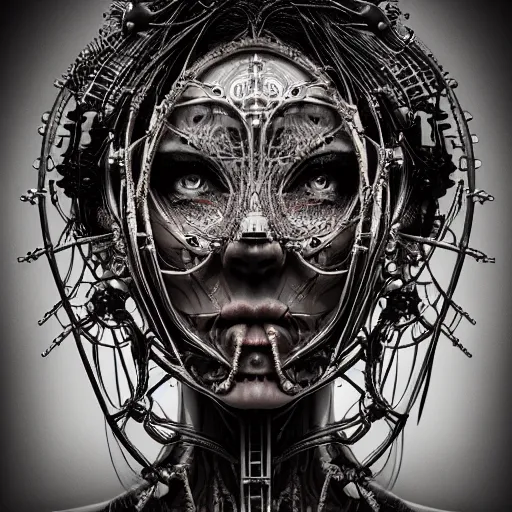 Prompt: a female model by stefan geselle and nekro borja, illustration, biomechanical, intricate details, hyper realistic, mechanical, dark beauty, photorealistic, by peter morbacher, by giger, canon r 3, photography, wide shot, photography, dark beauty, symmetrical features