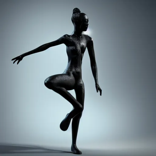 Prompt: 3 d fluid simulation render, octane render, xparticles, black color, female body, abstract sculpture