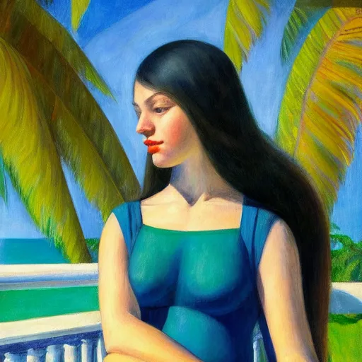 Image similar to a ultradetailed beautiful painting of a girl in the amazonas palace balustrade designed by edward hopper, tarsila do amaral, frank weston and gustave baumann, beach, trending on artstation, mediterranean, palm trees, detailed face, sharp focus, soft light, 8 k 4 k