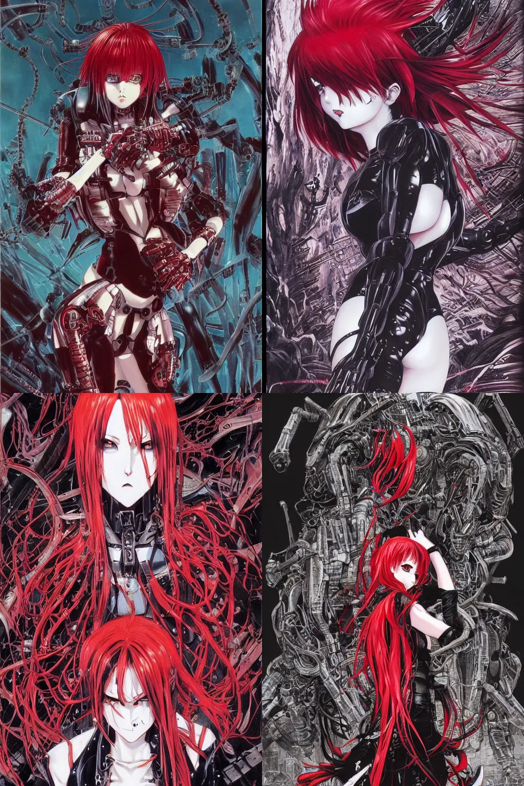 Prompt: highly detailed professional 9 0 s seinen mecha manga cover art of goth woman with red hair, red eyes, leather clothes, black makeup. chunibyo. horror action manga cover art cover art. detailed and intricate environment. drawn by ilya kuvshinov, painted by zdzislaw beksinski, inks by tsutomu nihei. pixiv