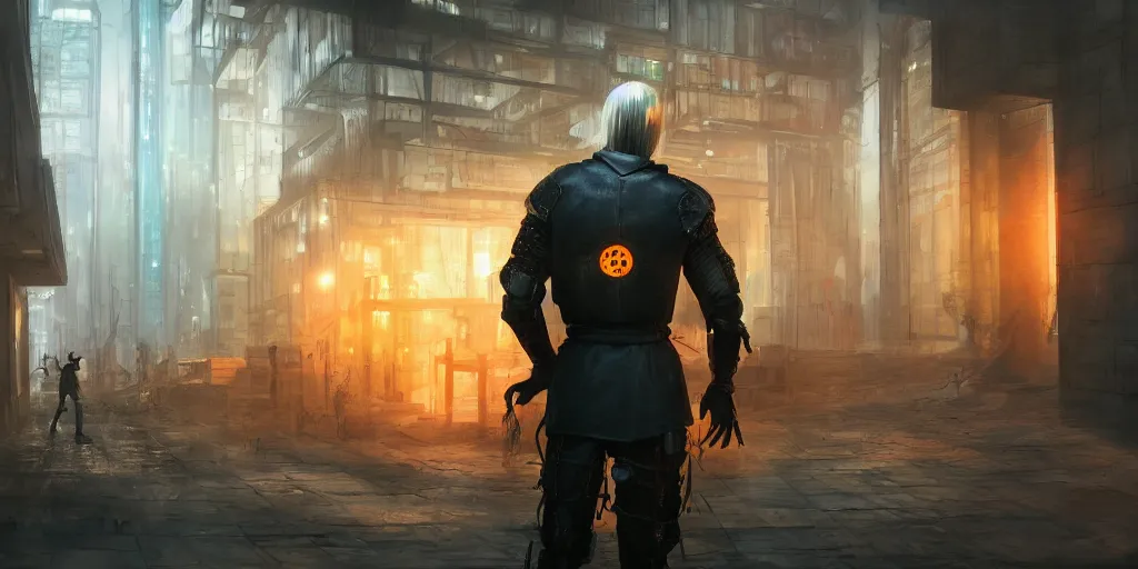 Prompt: A blonde medieval soldier seen from the back standing in front of a cyberpunk dystopian office with matrix style falling orange text in the background, cyberpunk, artstation