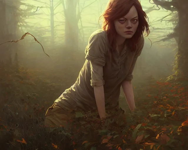 Image similar to highly detailed portrait of emma stone, in the walking dead, stephen bliss, unreal engine, fantasy art by greg rutkowski, loish, rhads, ferdinand knab, makoto shinkai and lois van baarle, ilya kuvshinov, rossdraws, tom bagshaw, global illumination, radiant light, detailed and intricate environment