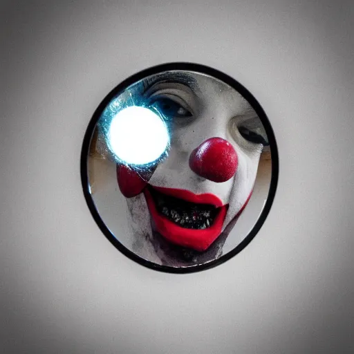 Image similar to “creepy smiling clown reflected in a broken mirror, 70mm”