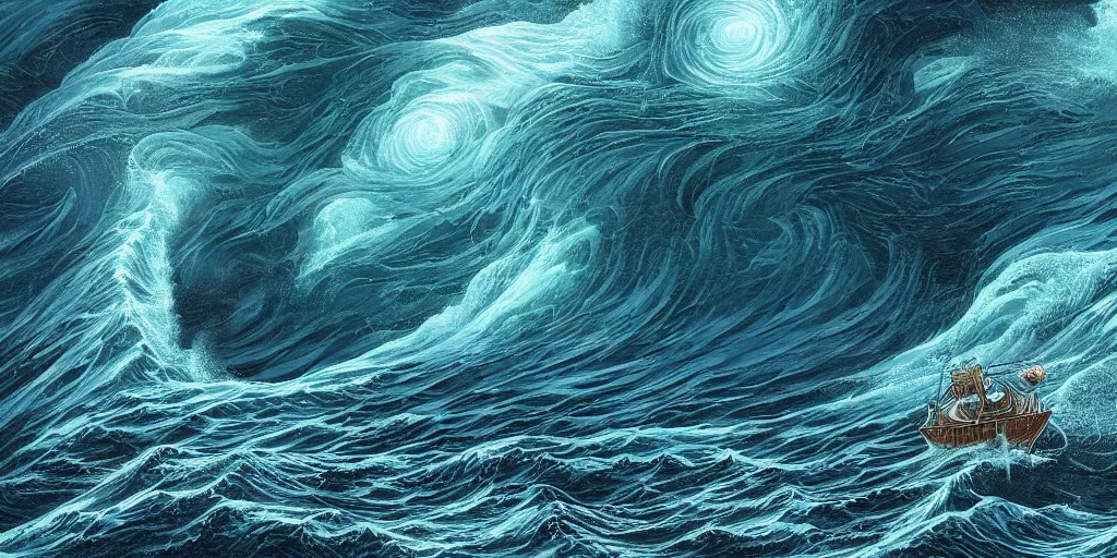 Prompt: A Beautiful Depiction of An Ocean Maelstrom, Digital Matte Illustration by Dan Mumford and M.W Kaluta, 8k resolution, detailed matte painting, 4k, beautiful lighting, HDR, IMAX, Cinema 4D, shadow depth, Wrathful Ocean Maelstrom