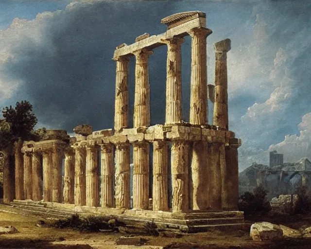 Image similar to ruins of ancient greek temple to zeus by hubert robert,