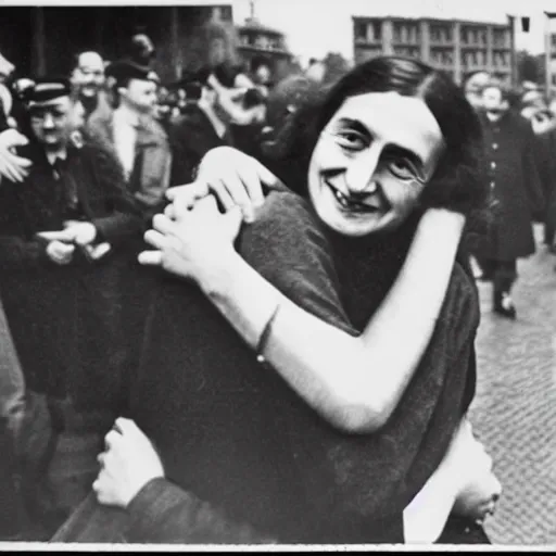 Prompt: Anne Frank hugging Hitler on Dam Square, war photography,