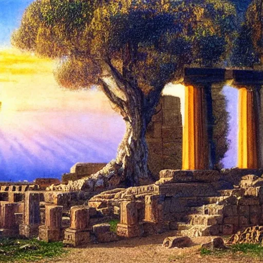 Image similar to glowing Sumerian temple in a Mediterranean landscape, bob Ross, Alan Lee, 8k photo, award winning photo