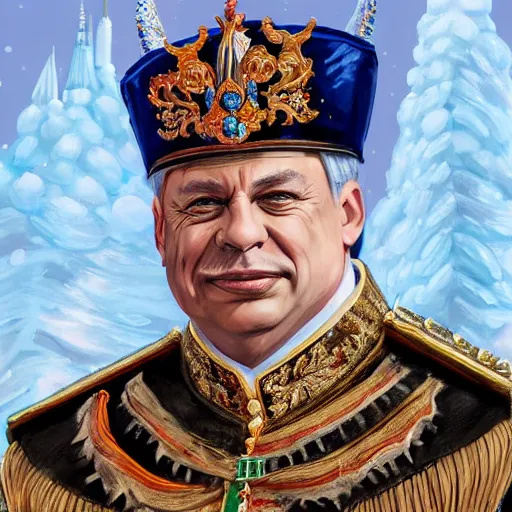 Image similar to an extremely realistic portrait depicting the coronation of hungarian prime minister viktor orban dressed in royal national costume, on the frozen danube, detailed, intricate, elegant, highly detailed, digital painting, artstation, concept art, smooth, sharp focus, illustration,