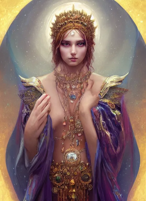 Image similar to A beautiful digital painting of a female Seraphim full of jewels, princess, the moon behind her, intricate, cinematic lighting, highly detailed, digital painting, Artstation, concept art, smooth, sharp focus, illustration, art by Tom Bagshaw, Artgerm and Greg Rutkowski