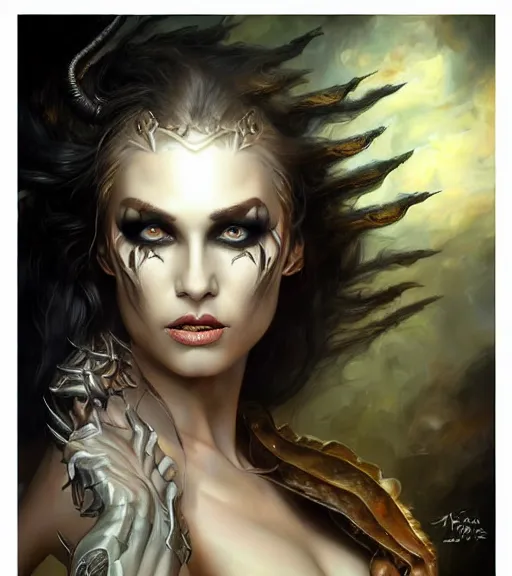 Image similar to a higly detailed airbrush full body shot and face portrait painting of a grim female sorceress with piercing eyes beautiful eyes, dynamic lighting, ambient lighting, deviantart, art by artgerm and karol bak and boris vallejo