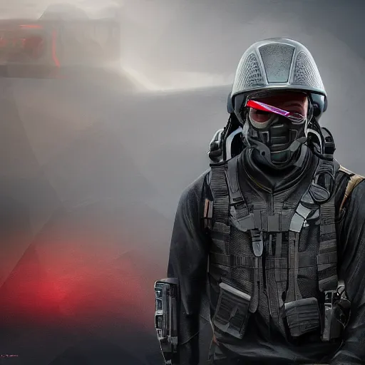 Prompt: futuristic insurgent wearing black helmet glossy visor, brown cloak, technical vest with tubing, and a backpack, photorealistic, digital art , red tint