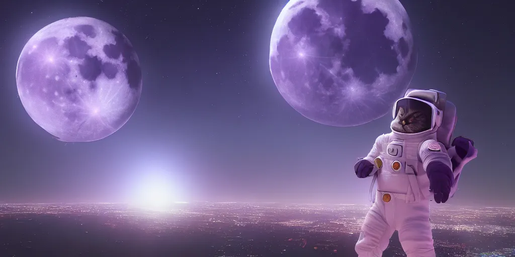 Image similar to A cat in sifi spacesuit looking down on Gotham city, purple night, giant moon in background, 8k, hyperdetailed, cinematographic, dynamic scene, wide angle camera, Artstation, unreal engine