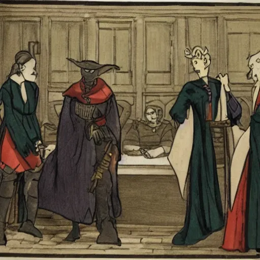 Prompt: a group of inquisitor's judging a witch in a court room