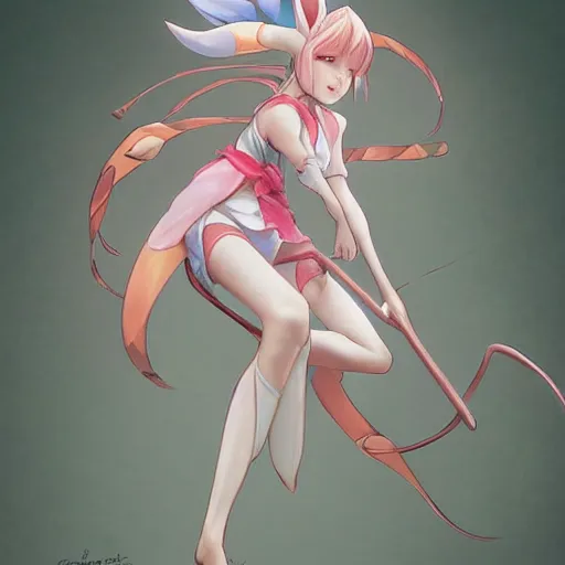 Image similar to Sylveon pokemon Gajinka as a small human girl , highly detailed, digital pencil painting, anime, cartoonish, hybrid human / anthro, monster girl, sharp focus, illustration, art by artgerm and greg rutkowski and alphonse mucha