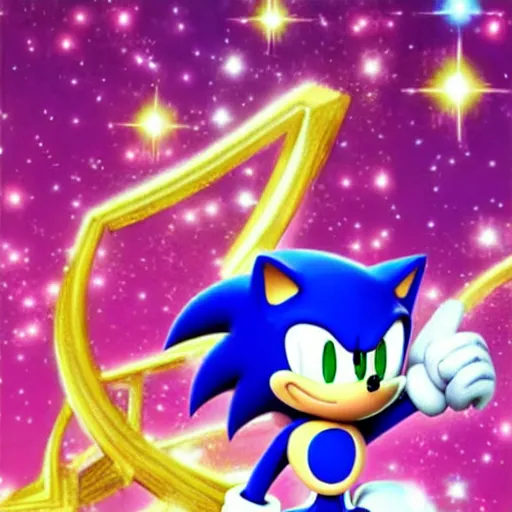 Prompt: Sonic the Hedgehog sparkling magical girl transformation in the style of Sailor Moon, 90s anime, beautiful