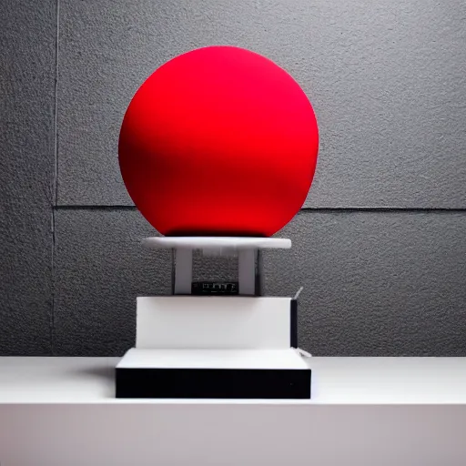 Image similar to an ultra high definition professional studio photograph, 5 0 mm f 1. 4 iso 1 0 0. the photo is set in a plain empty white studio room with a plain white plinth centrally located. the photo depicts an object on the plinth in the centre of the image. the object is a red cup. three point light.