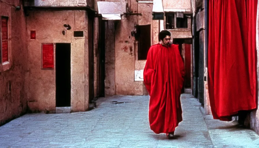 Prompt: movie still by pasolini of a man in red drapery in an antic city, cinestill 8 0 0 t eastmancolor technicolor, high quality, very detailed, heavy grain, fine facial features, 8 k, octane render