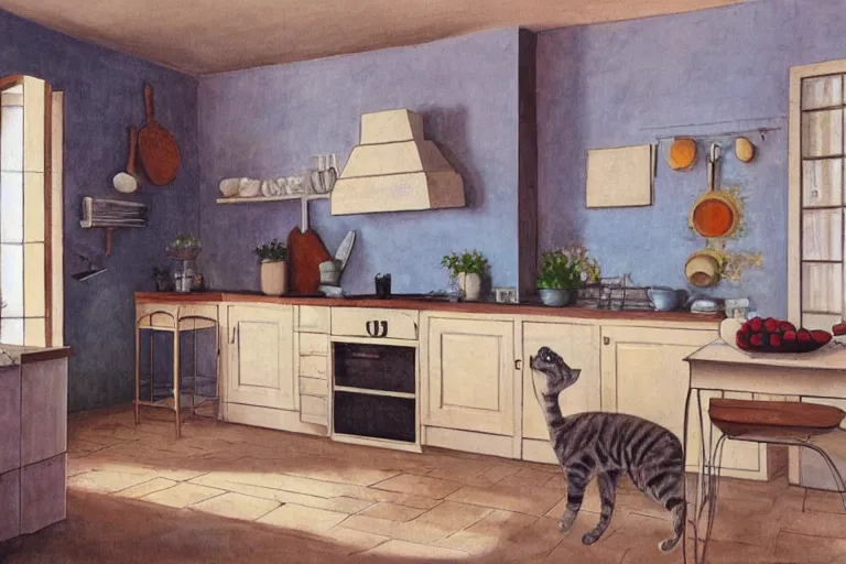 Prompt: Photography of modern Provence style kitchen, cat on the table, photorealism,